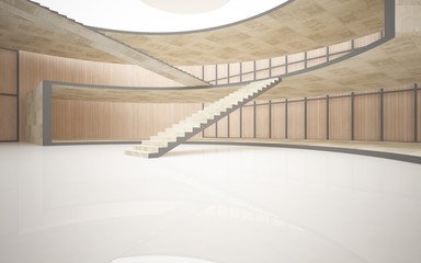 Obraz premium Abstract concrete and wood interior multilevel public space with window. 3D illustration and rendering.