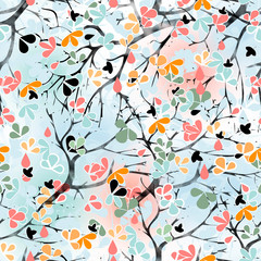 Seamless cartoon abstract tree leaves  spring pattern