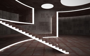 Obraz premium Abstract concrete and rusty metal interior multilevel public space with neon lighting. 3D illustration and rendering.