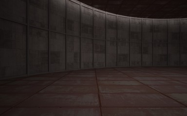 Abstract  concrete and rusty metal interior multilevel public space with neon lighting. 3D illustration and rendering.