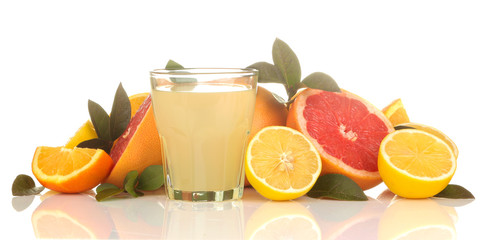 Citrus juices. lemon juice in a glass with fresh fruit on a white isolated background