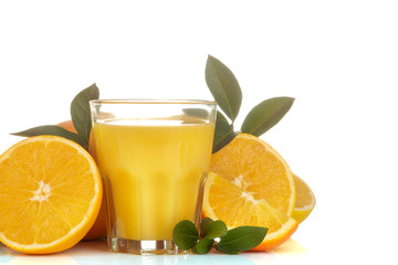 Citrus juices. orange juice in a glass with fresh fruit on a white isolated background