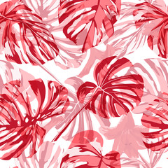 Tropical Print. Exotic Palm Greenery Backdrop. Summer Design for Swimwear. Repeating Illustration. Vector Tropical Seamless Print.