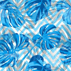 Jungle Pattern. Exotic Palm Greenery Backdrop. Repeating Illustration. Summer Design for Swimwear. Seamless Jungle Pattern.