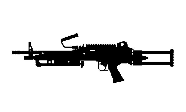 Black silhouette of machine gun on white background. Automatic weapon of  army. Isolated image. Military ammunition