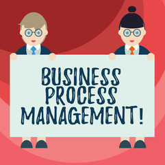 Text sign showing Business Process Management. Conceptual photo Discipline of improving a business process Male and Female in Uniform Standing Holding Blank Placard Banner Text Space