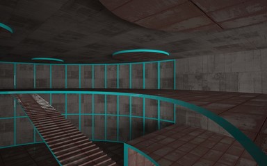 Fototapeta premium Abstract concrete and rusty metal interior multilevel public space with window. 3D illustration and rendering.