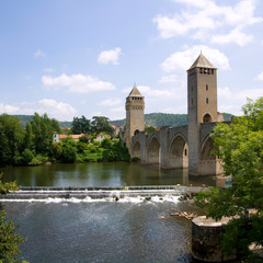 Fototapeta na wymiar Europe, France, Midi Pyrenees, Lot, Cahors, Lot River, the historic Pont Valentre fortified bridge