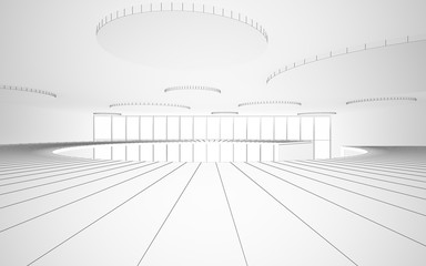 Abstract drawing white interior multilevel public space with window. Polygon black drawing. 3D illustration and rendering.