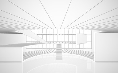 Abstract drawing white interior multilevel public space with window. Polygon black drawing. 3D illustration and rendering.