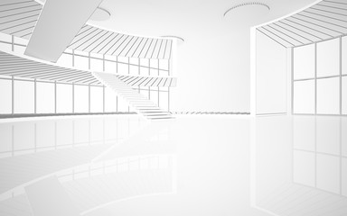 Abstract drawing white interior multilevel public space with window. Polygon black drawing. 3D illustration and rendering.