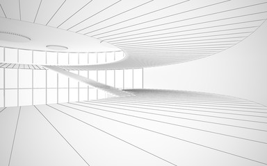 Abstract drawing white interior multilevel public space with window. Polygon black drawing. 3D illustration and rendering.