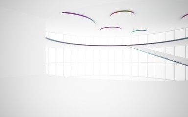 Abstract white and colored gradient glasses interior multilevel public space with window. 3D illustration and rendering.