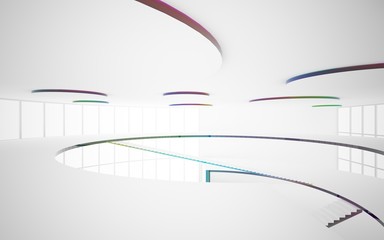 Abstract white and colored gradient glasses interior multilevel public space with window. 3D illustration and rendering.