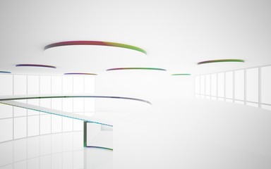 Abstract white and colored gradient glasses interior multilevel public space with window. 3D illustration and rendering.