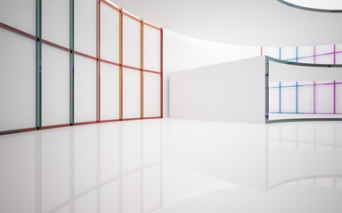 Abstract white and colored gradient glasses interior multilevel public space with window. 3D illustration and rendering.
