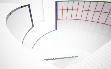 Abstract white and colored gradient glasses interior multilevel public space with window. 3D illustration and rendering.