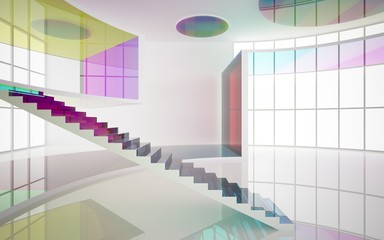 Abstract white and colored gradient glasses interior multilevel public space with window. 3D illustration and rendering.