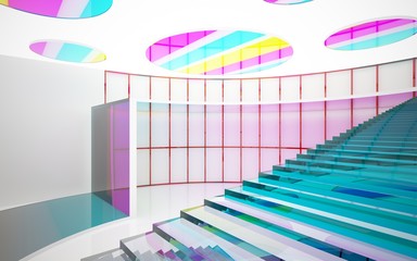 Abstract white and colored gradient glasses interior multilevel public space with window. 3D illustration and rendering.