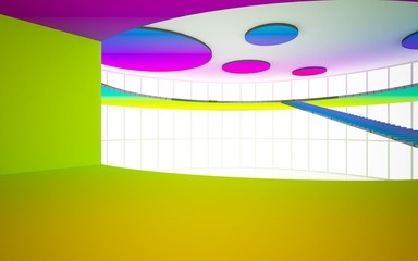 Abstract white and colored gradient  interior multilevel public space with window. 3D illustration and rendering.