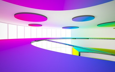 Naklejka na ściany i meble Abstract white and colored gradient interior multilevel public space with window. 3D illustration and rendering.