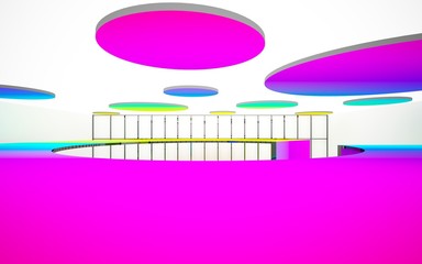 Abstract white and colored gradient  interior multilevel public space with window. 3D illustration and rendering.