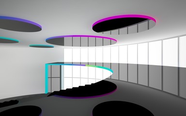 Abstract black and colored gradient  interior multilevel public space with window. 3D illustration and rendering.
