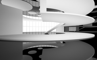 Abstract white and black interior multilevel public space with window. 3D illustration and rendering.