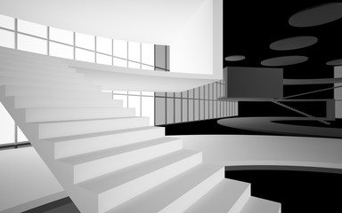 Fototapeta premium Abstract white and black interior multilevel public space with window. 3D illustration and rendering.