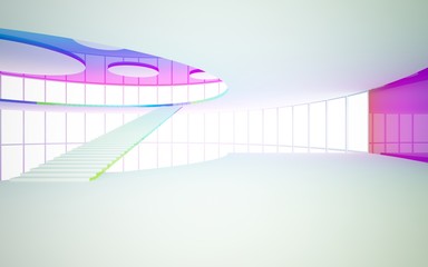 Abstract white and colored gradient glasses interior multilevel public space with window. 3D illustration and rendering.