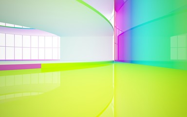 Abstract white and colored gradient glasses interior multilevel public space with window. 3D illustration and rendering.