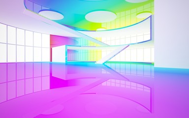 Abstract white and colored gradient glasses interior multilevel public space with window. 3D illustration and rendering.