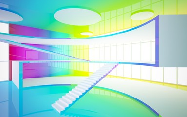 Abstract white and colored gradient glasses interior multilevel public space with window. 3D illustration and rendering.