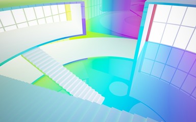 Abstract white and colored gradient glasses interior multilevel public space with window. 3D illustration and rendering.