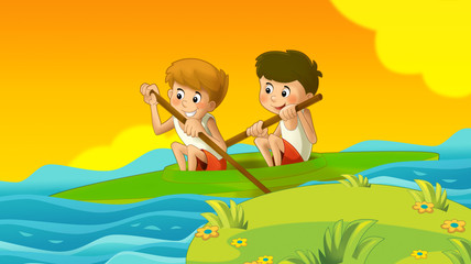 Obraz na płótnie Canvas cartoon summer background with kids training in nature illustration for children