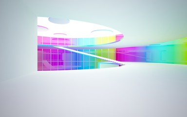 Abstract white and colored gradient glasses interior multilevel public space with window. 3D illustration and rendering.