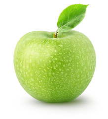 Isolated wet apple. Whole green apple fruit isolated on white background with clipping path