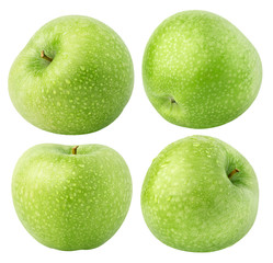 Isolated wet apples. Collection of whole green apple fruits isolated on white background with clipping path