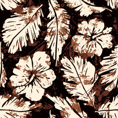 Grunge hibiscus flowers and tropical leaves vector abstract seamless pattern 