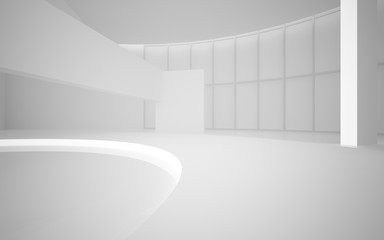 Abstract white interior multilevel public space with neon lighting. 3D illustration and rendering.