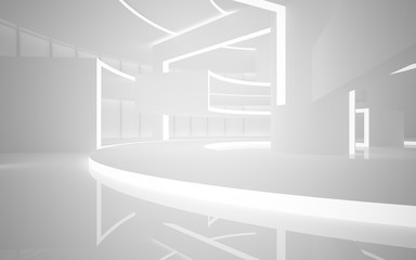 Fototapeta premium Abstract white interior multilevel public space with neon lighting. 3D illustration and rendering.