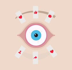 Social Networking Addiction Concept. Eyes Open With Scotch Tape and Social Network Rating Icons Symbols: Thumbs Up, Heart, Like, Follower, Repost, Comment. Flat Vector Illustration