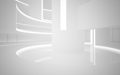 Abstract white interior multilevel public space with neon lighting. 3D illustration and rendering.