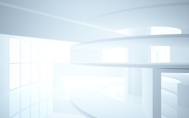 Abstract white interior multilevel public space with window. 3D illustration and rendering.