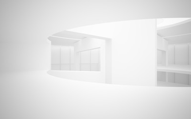 Abstract white interior multilevel public space with window. 3D illustration and rendering.