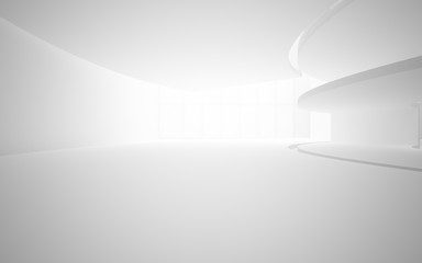 Abstract white interior multilevel public space with window. 3D illustration and rendering.