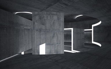Abstract  concrete interior multilevel public space with neon lighting. 3D illustration and rendering.