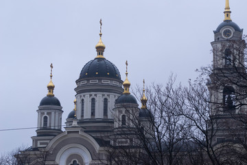 Fototapeta na wymiar The church with golden domes in the city