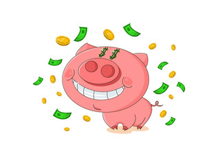 Cute pink pig with rain from money. Green dollars and gold coins fall around smiling piggy. Beautiful cartoon character for youd design.