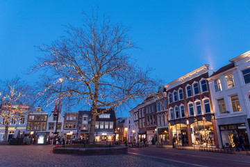 Fototapeta na wymiar Winter tree on the market square of Gouda, The Netherlands, with medieval houses an a lot of lights and a blue sky in the twilight.